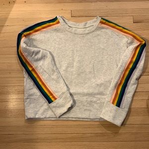 Cropped Madewell sweatshirt. Light gray with rainbow stripes on arms. Size M